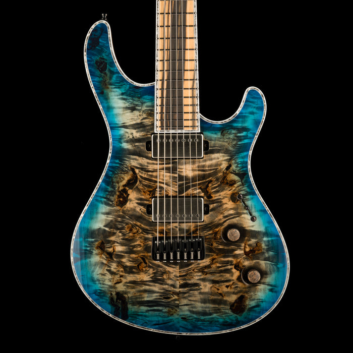 Mayones Regius 7 String Baritone Master Grade Eye Poplar Jeans Black 2Tone Blue Burst Gloss