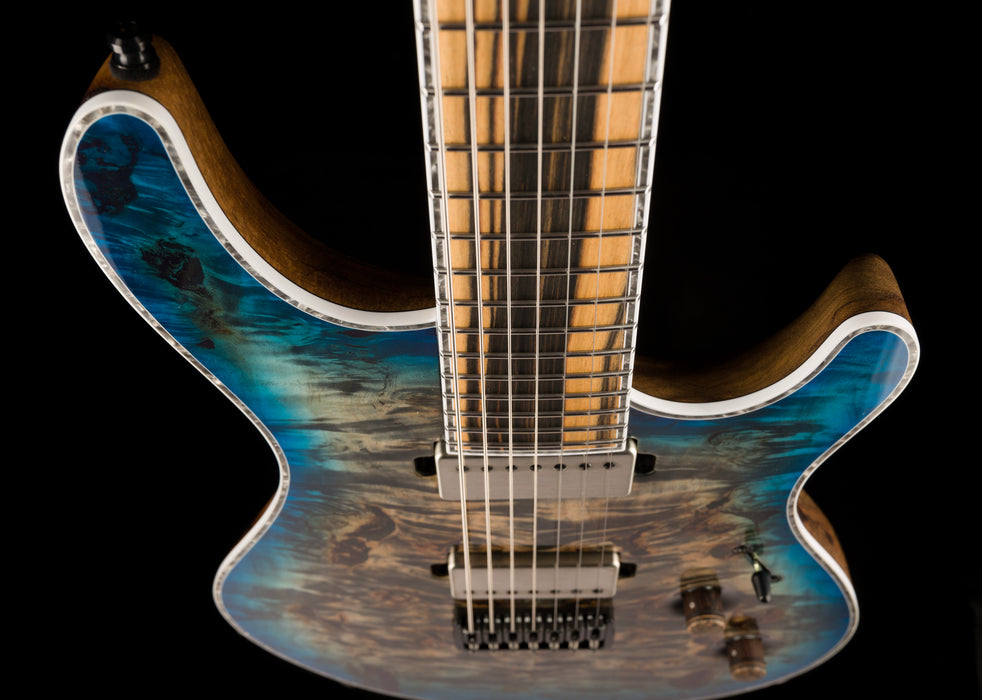 Mayones Regius 7 String Baritone Master Grade Eye Poplar Jeans Black 2Tone Blue Burst Gloss