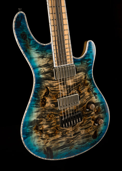 Mayones Regius 7 String Baritone Master Grade Eye Poplar Jeans Black 2Tone Blue Burst Gloss