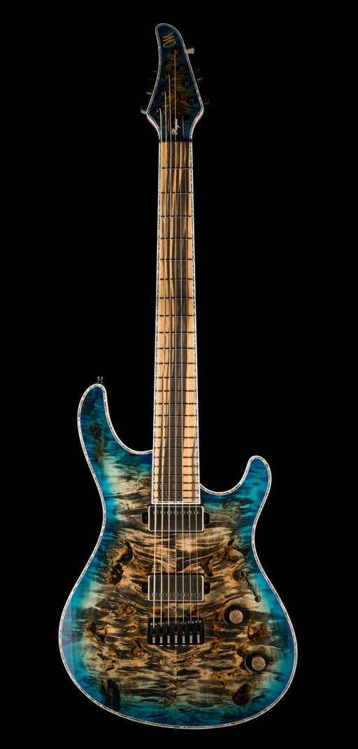 Mayones Regius 7 String Baritone Master Grade Eye Poplar Jeans Black 2Tone Blue Burst Gloss