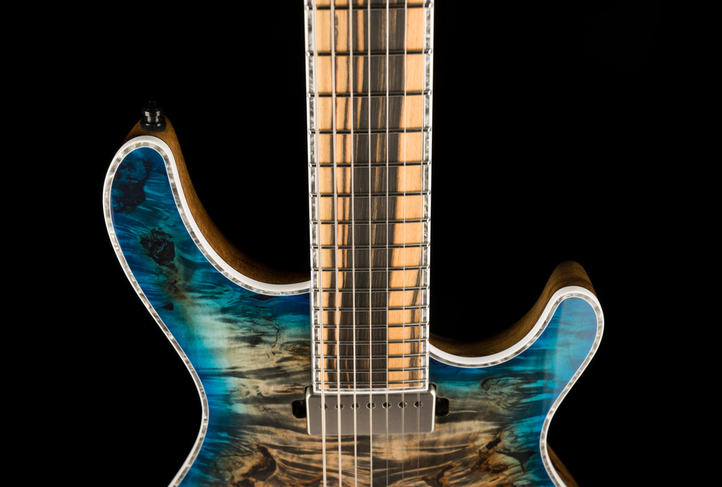 Mayones Regius 7 String Baritone Master Grade Eye Poplar Jeans Black 2Tone Blue Burst Gloss