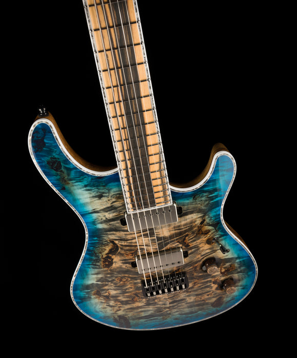 Mayones Regius 7 String Baritone Master Grade Eye Poplar Jeans Black 2Tone Blue Burst Gloss