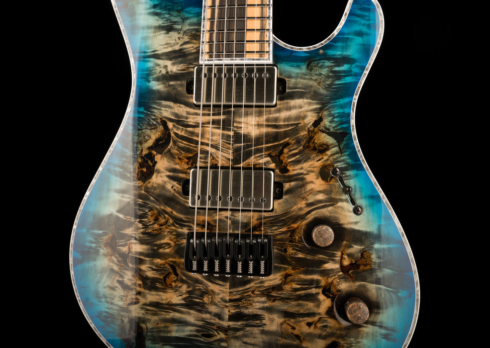 Mayones Regius 7 String Baritone Master Grade Eye Poplar Jeans Black 2Tone Blue Burst Gloss