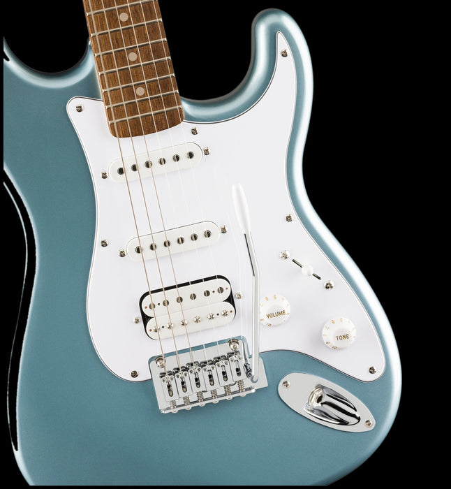 Squier Affinity Series Stratocaster Junior HSS Laurel Fingerboard White Pickguard Ice Blue Metallic Front Body