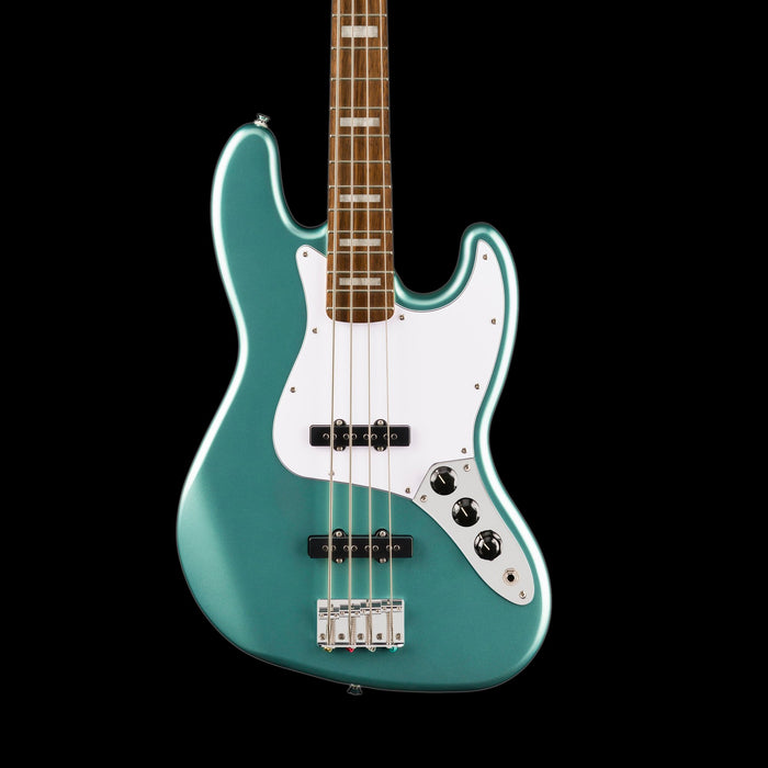 Squier Affinity Series Active Jazz Bass Laurel Fingerboard White Pickguard Mystic Sea Foam Green Front Crop