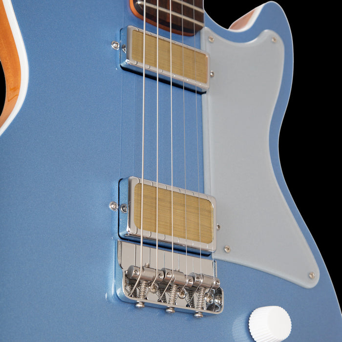 Harmony Jupiter Thinline Sky Blue Closeup Front Pickups Tilit RIght