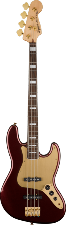 Squier 40th Anniversary Jazz Bass®, Gold Edition, Laurel Fingerboard, Gold Anodized Pickguard, Ruby Red Metallic Bass Guitars