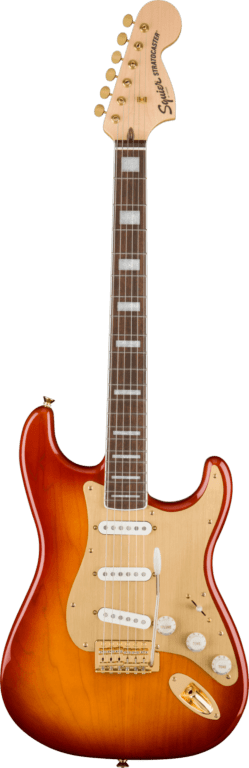 Squier 40th Anniversary Stratocaster®, Gold Edition, Laurel Fingerboard, Gold Anodized Pickguard, Sienna Sunburst Electric Guitars