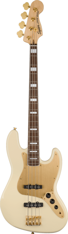 Squier 40th Anniversary Jazz Bass®, Gold Edition, Laurel Fingerboard, Gold Anodized Pickguard, Olympic White Bass Guitars