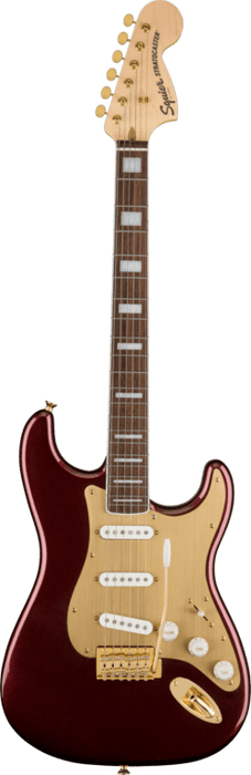 Squier 40th Anniversary Stratocaster®, Gold Edition, Laurel Fingerboard, Gold Anodized Pickguard, Ruby Red Metallic Electric Guitars