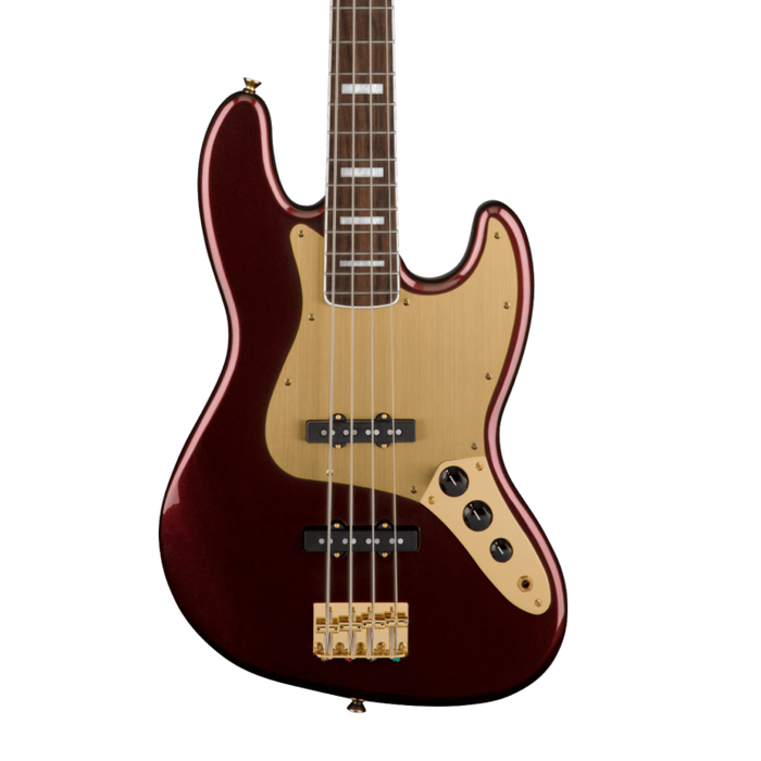 Squier 40th Anniversary Jazz Bass®, Gold Edition, Laurel Fingerboard, Gold Anodized Pickguard, Ruby Red Metallic Bass Guitars