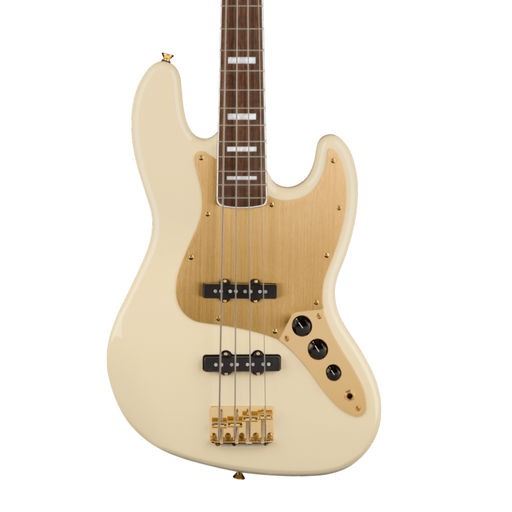 Squier 40th Anniversary Jazz Bass®, Gold Edition, Laurel Fingerboard, Gold Anodized Pickguard, Olympic White Bass Guitars