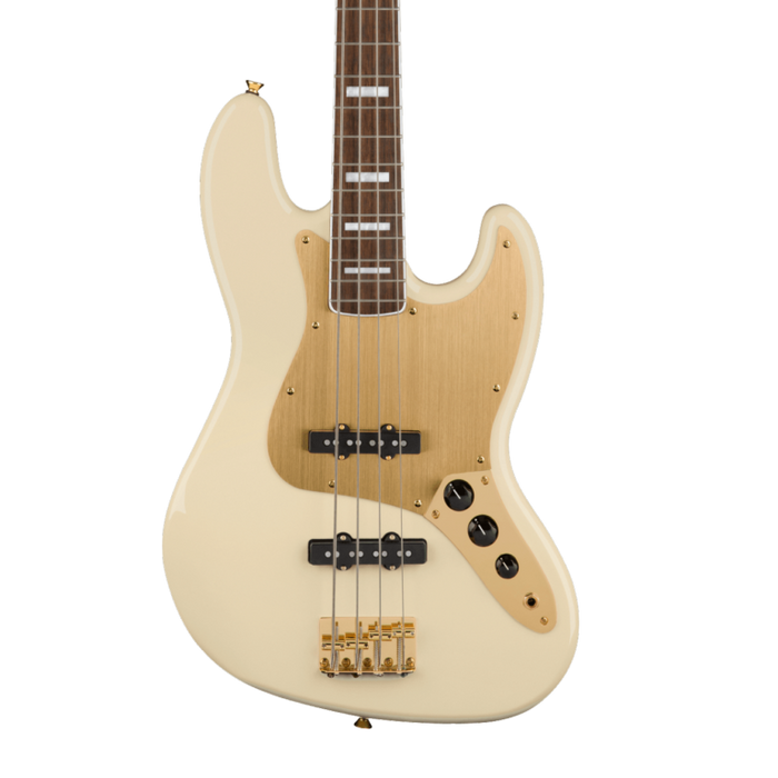 Squier 40th Anniversary Jazz Bass®, Gold Edition, Laurel Fingerboard, Gold Anodized Pickguard, Olympic White Bass Guitars